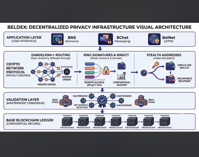 A detailed diagram titled 'BELDEX: DECENTRALIZED PRIVACY INFRASTRUCTURE VISUAL ARCHITECTURE' showing layers including BNS, BChat, BelNet, Crypto Network Protocol, Validation Layer, and Base Blockchain Ledger.