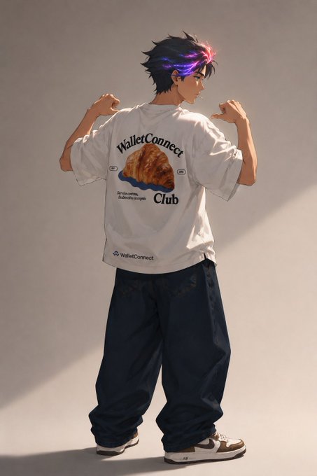 The image features a man wearing a white t-shirt with the words "WalletConnect Club" written on it. The man is also holding up his hands, which creates an interesting pose for the photo. The background of the picture is gray, providing a neutral backdrop that makes the vibrant colors from the t-shirt stand out more prominently.

The post encourages viewers to stake money to win this cool merchandise related to the "WalletConnect Club". There are two options available: either the man can hold up his hands and take a photo of them with the image, or he could directly access the post in order to follow along and participate.
