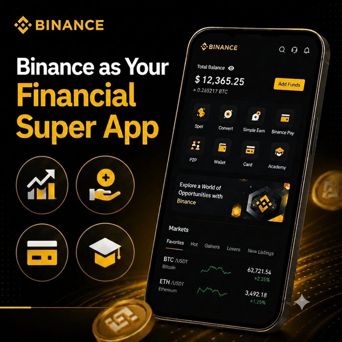 A promotional graphic for Binance featuring the tagline "Binance as Your Financial Super App," showcasing the app interface displaying a total balance of $12,365.25 (0.255217 BTC) alongside service icons for Spot, Convert, Simple Earn, Binance Pay, P2P, Wallet, Card, and Academy, plus market data for BTC/USDT at $63,721.54 (+2.25%) and ETH/USDT at $3,492.18 (+1.25%). The image visually supports the post's explanation by illustrating how Binance consolidates multiple financial services—from trading and earning to payments and education—into a single platform, embodying the concept of a financial super app.