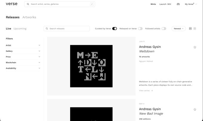 The Verse platform's Releases page showing NFT drops by 'Andreas Gysin', including 'Meltdown' (16 artworks, 'Nguyen Waheed') dated JUN 11, and 'New Bad Image' (256 editions) dated MAY 4, with options to launch NEW and filters on the left.