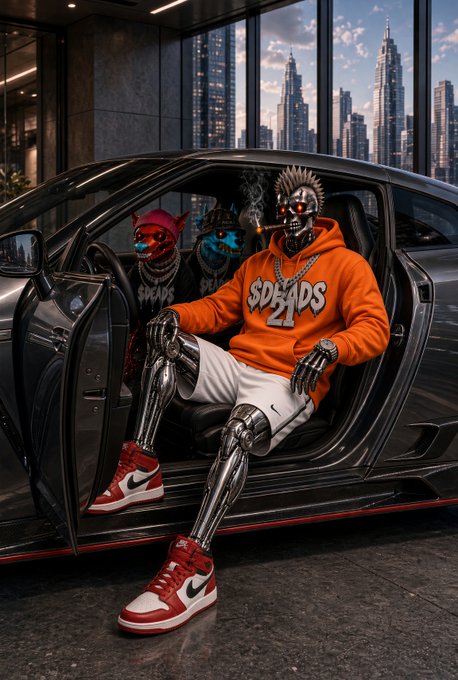 A futuristic scene of a chrome/robotic figure wearing an orange 'SPADES 21' hoodie, white shorts, and red Nike high-tops, sitting in the open door of a luxury car with a city skyline visible through the windows behind.