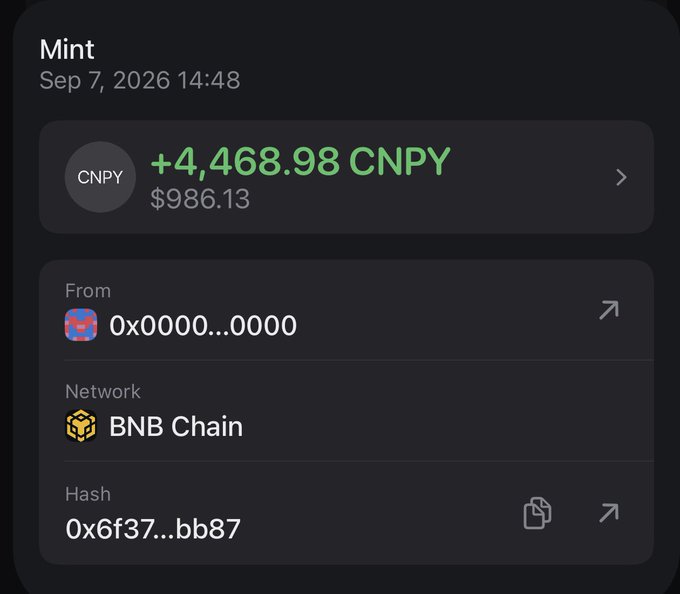 Mobile wallet transaction confirmation showing a mint of +4,468.98 CNPY ($986.13) on BNB Chain with transaction hash 0x6f37...bb87, dated Sep 7, 2026.