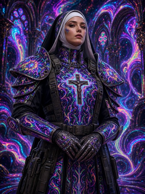 A woman dressed in an ornate, psychedelic-patterned nun's habit and armor-like vestments stands before a vibrant, gothic stained-glass background.