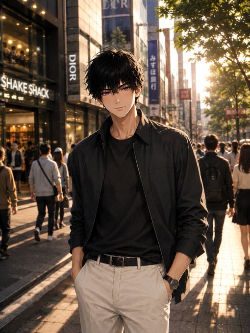 An anime-style illustration depicts a young man with black hair and purple eyes wearing a black jacket and white pants, standing on a city street with Dior and Shake Shack storefronts visible in the background.