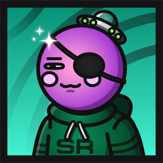 A cartoon purple character with an eye patch and a small hat with green lights wears a green hoodie displaying the text 'SR' against a swirling teal background, with sparkles near its head.