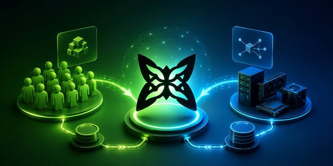 A 3D infographic shows a central glowing butterfly logo connected to green human figures (community), coins (finance), computer hardware (technology), and a network icon (connectivity) on a dark background.