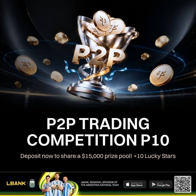 A promotional graphic for 'P2P TRADING COMPETITION P10' by LBANK, advertising a $15,000 prize pool plus 10 Lucky Stars, featuring a golden trophy with coins and noting LBANK as a regional sponsor of the Argentina National Team.