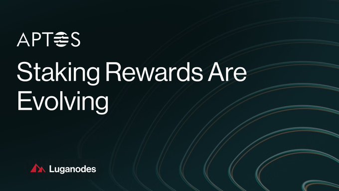 The image features a black background with white text that reads "Aptos Staking Rewards Are Evolving". The text is positioned at the top of the image, while the rest of the image is filled with lines or waves, creating an abstract pattern.