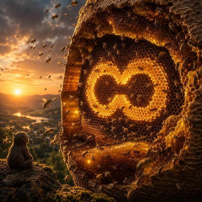 A surreal scene depicts a small furry creature sitting on a cliff at sunset, gazing at a massive honeycomb structure shaped like the infinity symbol, with bees flying around in the golden light.