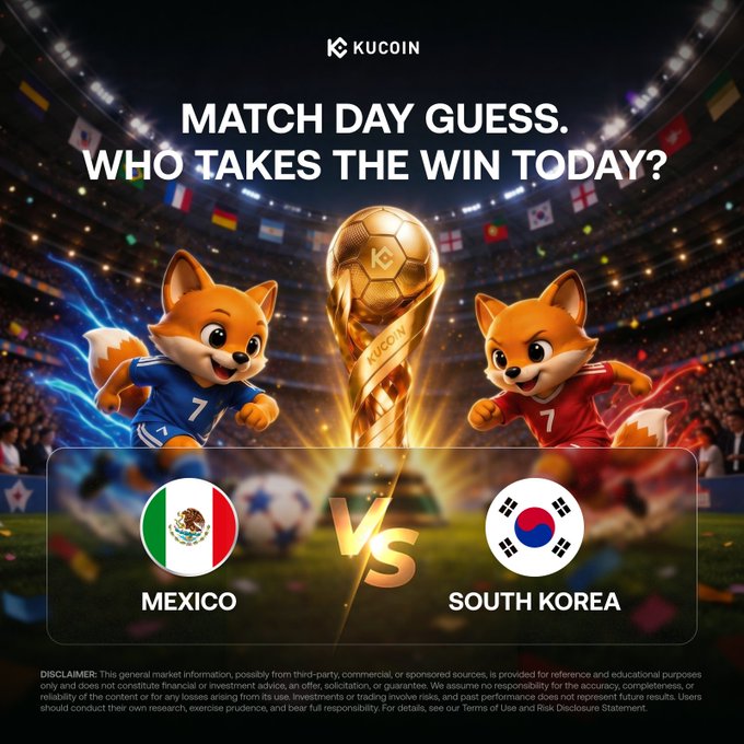The image features two cartoon foxes wearing soccer jerseys, with one fox representing Mexico and the other representing South Korea. They are standing next to a soccer ball, which is placed above them. The background of the image shows a stadium filled with people watching the match between these two teams. The post also includes text that reads "Match Day Guess. Who takes the win today? Mexico vs South Korea", suggesting that it's a guessing game and the viewers have to predict who will win the soccer match.