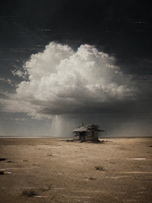 A dramatic photograph of a massive cumulus cloud with rain falling beneath it over a lone dilapidated wooden structure sitting in a vast, barren desert landscape.
