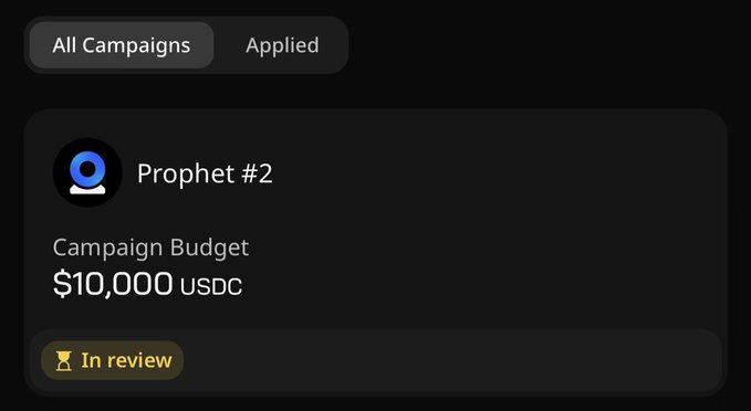 A dark-themed dashboard displays a "Prophet #2" campaign with a $10,000 USDC budget currently marked "In review." The user has applied to participate, as indicated by the "Applied" tab being selected alongside the "All Campaigns" filter, aligning with the post about their new campaign application on Wallchain.