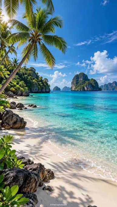 A scenic tropical beach with white sand, turquoise water, lush palm trees, and limestone karst cliffs under a bright blue sky, watermarked '©TheCryptoQuail'.