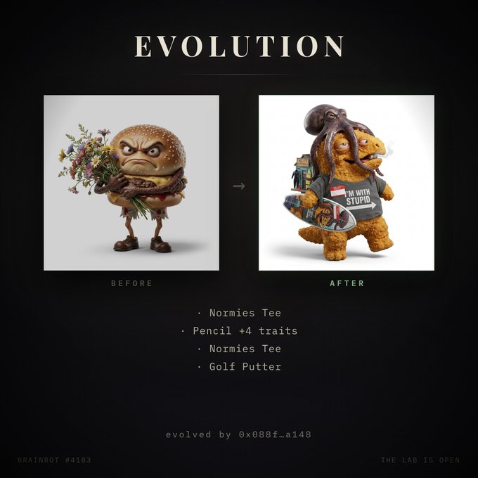 An 'EVOLUTION' before-and-after comparison showing a burger-headed character becoming an ape-like creature wearing an 'I'M WITH STUPID' shirt and holding a golf club, labeled 'BRAINROT #4183'.