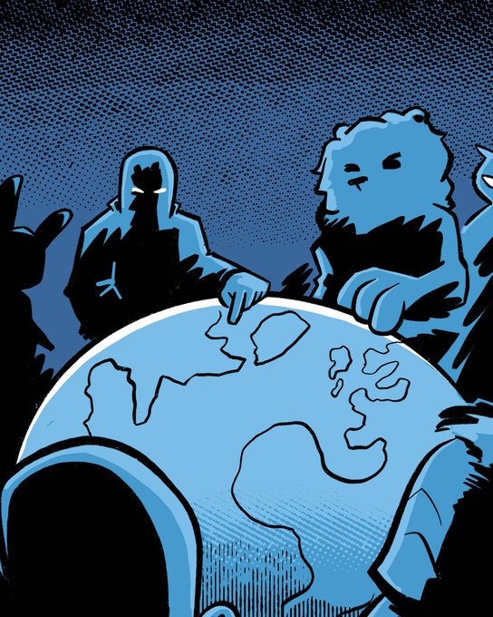 A stylized blue-toned comic illustration of shadowy figures gathered around a globe, with one hooded figure featuring glowing eyes in the background.
