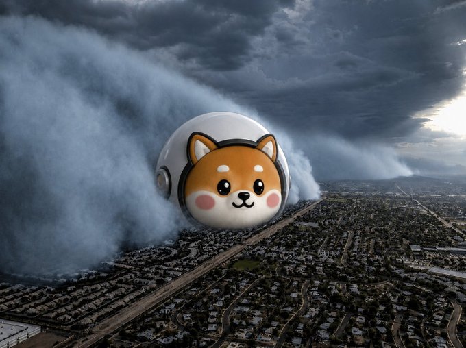 A giant kawaii Shiba Inu face inside a massive meteor hurtles through stormy skies toward a sprawling city below, creating an apocalyptic spectacle. The image dramatizes the "$ASTEROID" meme coin promo "让以太坊 MemeCoin 再次伟大 / Asteroid Shiba 正在进入轨道" by depicting the "Asteroid Shiba" literally crashing into Earth as a tongue-in-cheek warning of its incoming market impact.