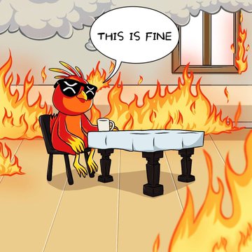 The image features a cartoon character, possibly a bird or a fox, sitting at a table with a cup of coffee. The character appears to be wearing sunglasses and has a speech bubble above their head that says "This is fine". The background shows a scene of fire, likely representing an inferno or a blaze. The caption below the image reads "Phoenix will rise from the ashes‍ #XRP", which could be interpreted as a reference to Bitcoin or another cryptocurrency.