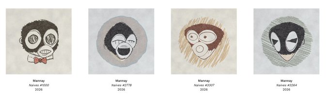 Four illustrated monkey-like characters by artist Mannay, each from the "Naives" collection (numbered #1000, #2778, #3107, and #3264), displayed in a row showcasing the diverse hand-drawn style of the NFTs from the 2026 drop despite the minting difficulties mentioned.