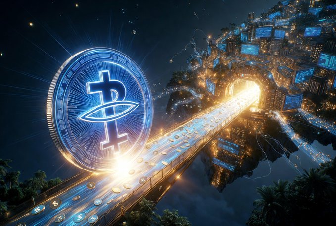 A stylized digital artwork of a large silver Tether (USDT) coin floating above a futuristic nighttime cityscape with a glowing highway.
