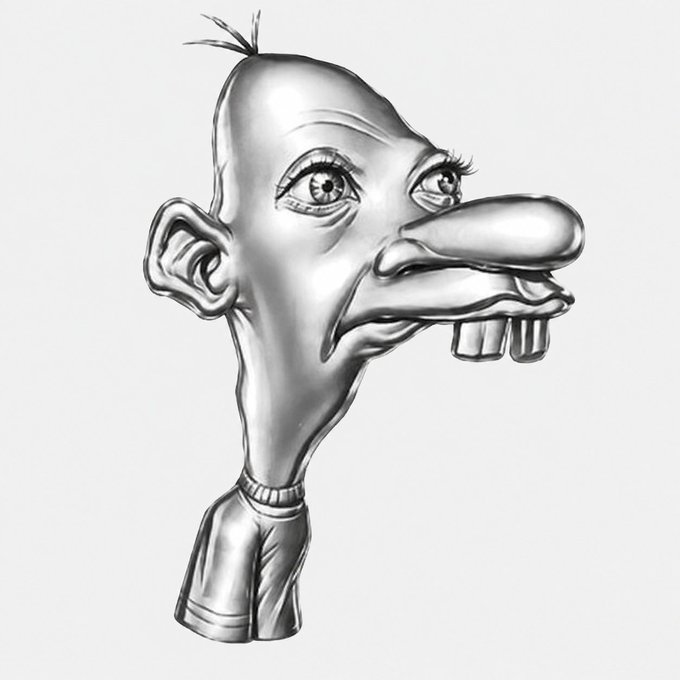 A metallic silver 3D rendered caricature of a character's head with an elongated face, wide eyes, a prominent nose, buck teeth, and a few strands of hair on top.
