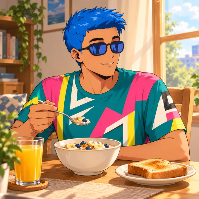 An anime-style illustration of a man with spiky blue hair and sunglasses, wearing a colorful patterned shirt, smiling as he eats cereal with blueberries from a white bowl, accompanied by toast and a glass of orange juice in a sunlit room.