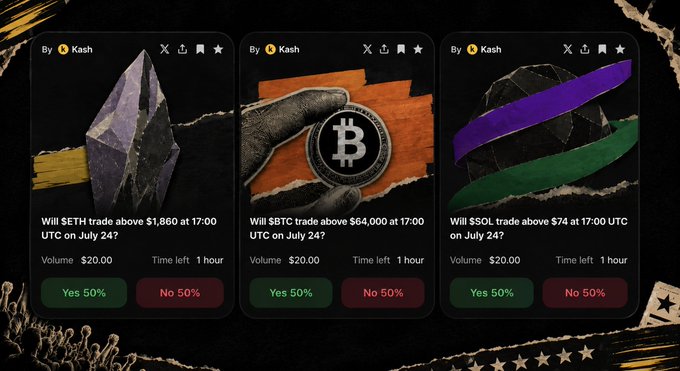 Three prediction market cards from "Kalshi" ask whether ETH, SBTC, and SOL will trade above specified prices on July 24, each with 50% Yes/No options.