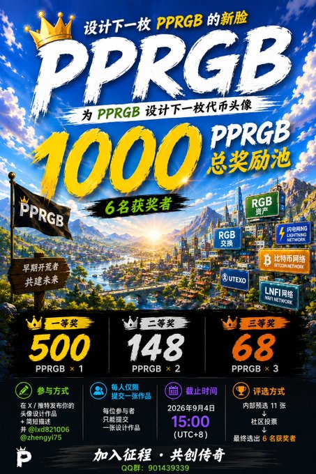 This Chinese promotional poster advertises a "PPRGB" token avatar design contest with a 1000 PPRGB total prize pool, awarding 1st place 500 PPRGB, 2nd place 148 PPRGB (×2), and 3rd place 68 PPRGB (×3) to six winners. The submission deadline is September 4th at 15:00 (UTC+8), with the requirement that entries be token avatars (not posters) that remain recognizable when scaled down, open to hand-drawn, pixel art, 3D, abstract, or AI-assisted styles, submitted via X/Telegram with submissions to @lxd821006 and @zhengyi75.