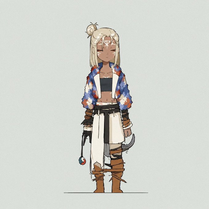 An illustration shows a character with light blonde hair and a star marking on their forehead, wearing a patterned jacket, white pants, and brown boots against a plain background.