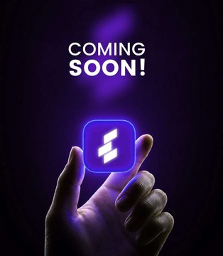 A promotional graphic showing a hand holding a glowing purple app icon with the text 'COMING SOON!' above it against a dark background.