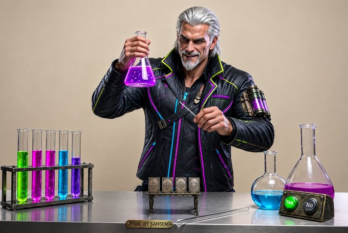 A digital artwork of a white-haired, bearded man in a black and neon purple leather jacket holding up a flask of glowing purple liquid, surrounded by colorful chemistry equipment with "OPOW. BY SANSEN64" text at the bottom.