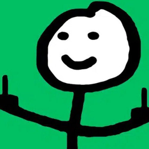 A simple stick-figure drawing of "Bob" with a smiling face and both arms raised in a defiant, carefree pose against a green background, perfectly capturing the post's sentiment of dismissing stock market details and meta commentary with cheerful indifference.