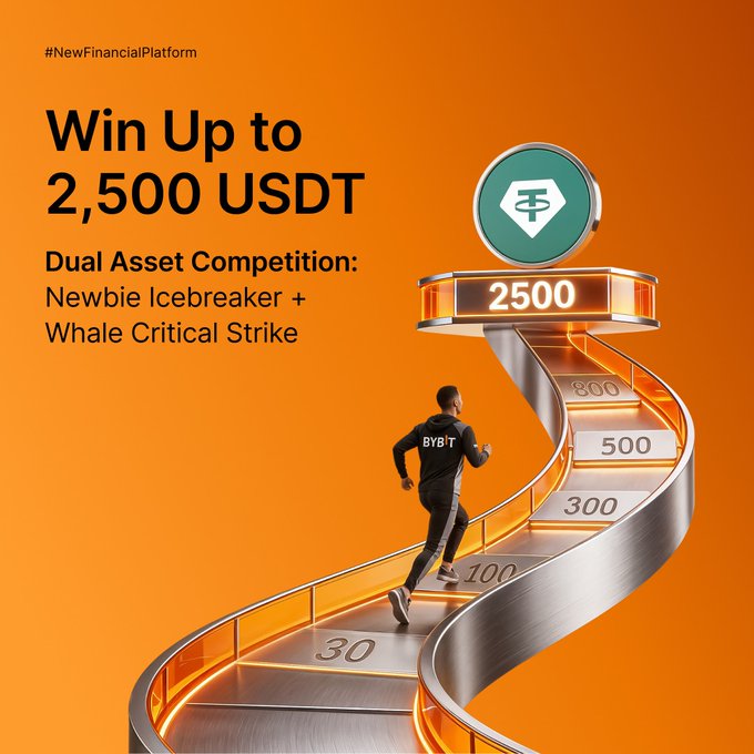 This promotional graphic for Bybit's Dual Asset Competition Season 6 advertises prize tiers up to 2,500 USDT, featuring a man running up a spiral staircase marked with escalating rewards (30, 100, 300, 500, 800, and 2500 USDT) toward a USDT token, visually representing traders climbing toward the top "Whale" prize tier mentioned in the post.