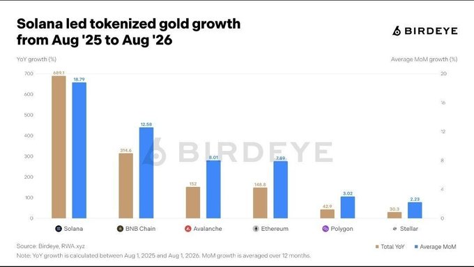 A Birdeye bar chart titled 'Solana led tokenized gold growth from Aug '25 to Aug '26', comparing YoY growth across blockchains: Solana (689.1%), BNB Chain (316.6%), Avalanche (153%), Ethereum (144.8%), Polygon (42.9%), and Stellar (50.3%).