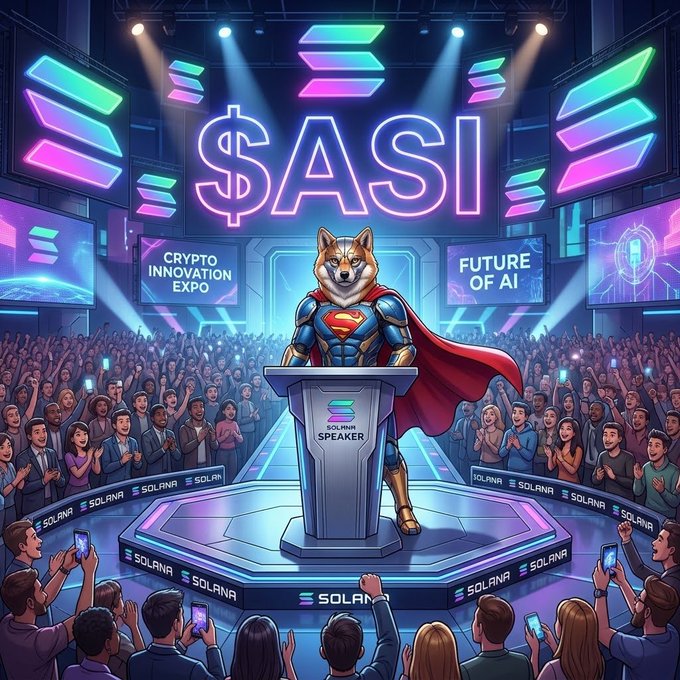 A vibrant AI-generated illustration of a Shiba Inu dog dressed as Superman standing at a podium labeled 'SOLANA SPEAKER' at a 'CRYPTO INNOVATION EXPO' with a large neon '$ASI' sign overhead.