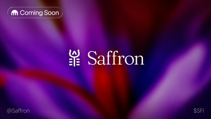 A purple and red abstract promotional graphic announces “Coming Soon” for Saffron, displaying the Saffron logo and name centrally, with “@Saffron” and “$SFI” in the lower corners. It previews the upcoming October 23 trading launch of Saffron’s peer-to-peer DeFi risk-adjustment protocol.