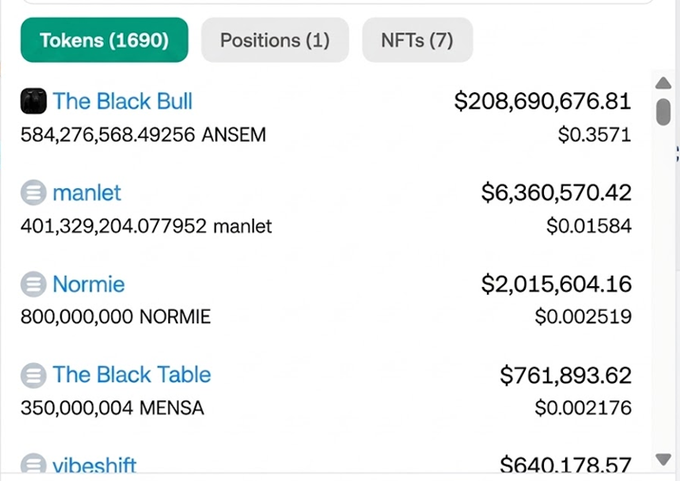 Screenshot of a crypto portfolio interface showing Tokens tab with 1,690 tokens, displaying 'The Black Bull' ($ANSEM) at $208,690,676.81, manlet at $6,360,570.42, Normie ($NORMIE) at $2,015,604.16, The Black Table ($MENSA), and vibeshift.