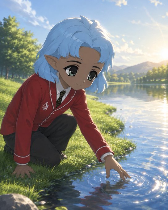 Anime-style illustration of a blue-haired elf-like character with pointed ears, wearing a red school blazer, kneeling by a lake and touching the water with their finger, creating ripples.