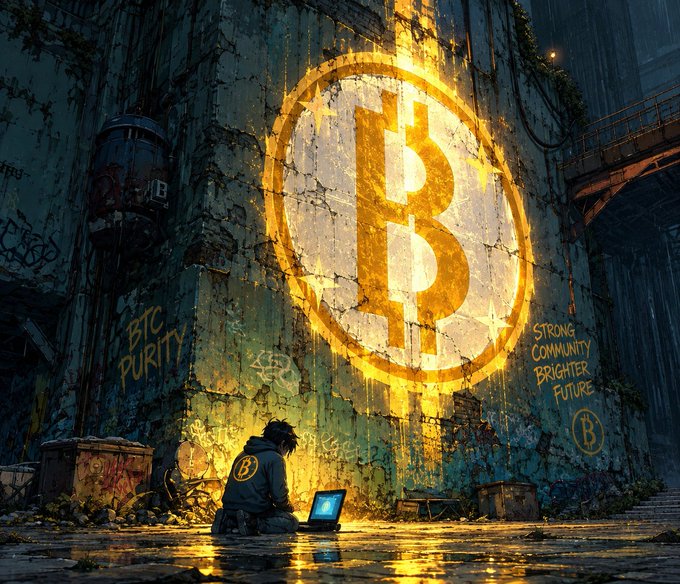A hooded figure sits before a glowing Bitcoin logo painted on a weathered concrete wall, accompanied by the text 'BTC PURITY' and 'STRONG COMMUNITY BRIGHTER FUTURE.'