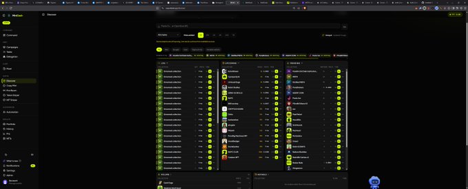 The image shows the Superdads.xyz "Discover" page interface, featuring three columns labeled "Col. 1," "Col. 2," and "Col. 3," displaying lists of NFT projects with names, attributes, and green status indicators. This directly corresponds to the post announcing updates and improvements to the Discover platform, including faster minting, a one-tap mint button, fixed resolvers, and upgraded copy mint functionality.
