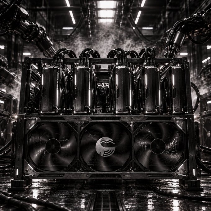 A dark, industrial scene showing a rack-mounted cryptocurrency mining rig with multiple graphics cards and large cooling fans running in a wet, misty environment with overhead pipes.