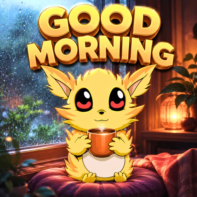 A cartoon yellow fox-like character with large eyes sits on a red cushion holding a steaming mug, set against a cozy rainy window background with bold yellow text reading 'GOOD MORNING'.