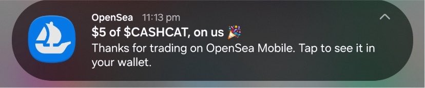 A smartphone notification from OpenSea at 11:13 pm stating '$5 of $CASHCAT, on us 🎉 Thanks for trading on OpenSea Mobile. Tap to see it in your wallet.'