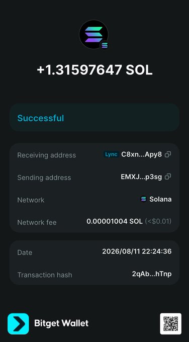 A screenshot from Bitget Wallet confirming a successful transfer of +1.31597647 SOL via the Solana network, including transaction hash details.