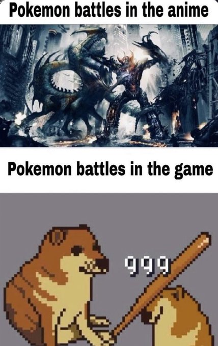 A meme comparing 'Pokemon battles in the anime' (showing a giant monster fighting) with 'Pokemon battles in the game' (showing pixelated 8-bit creatures).