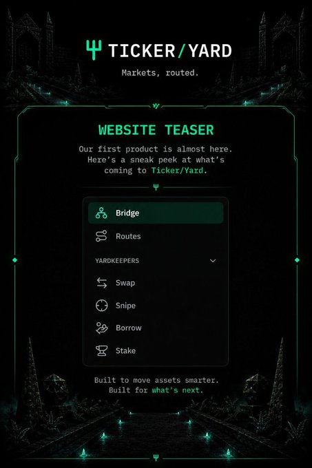 A dark teaser graphic for "TICKER/YARD" features the tagline "Markets, routed." and previews an upcoming website interface with menu options including Bridge, Routes, YARDKEEPERS, Swap, Snipe, Borrow, and Stake, captioned "Built to move assets smarter. Built for what's next." The image aligns with the post by teasing new features coming to the TickerYard platform while promoting the $YARD token.