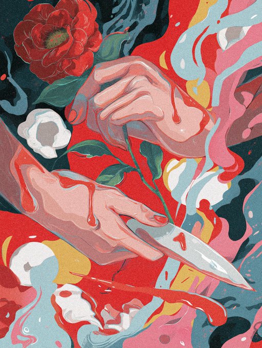 A vibrant, stylized digital painting depicting two hands interacting with flowers, with red and pink liquid dripping from the hands and a knife.