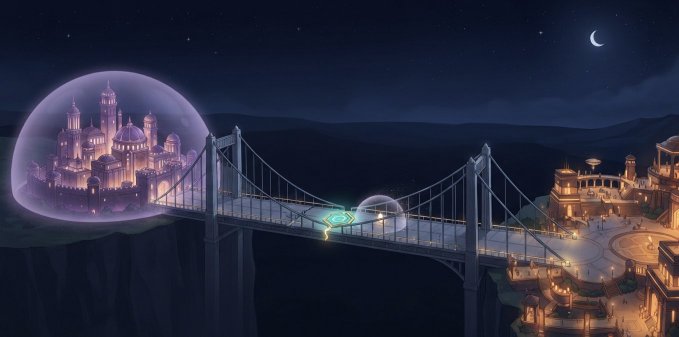 A fantasy digital artwork depicting a glowing suspension bridge at nighttime that connects a violet-domed castle enclosed in a protective bubble on one side to an ornate golden city on the other, under a starry sky with a crescent moon.