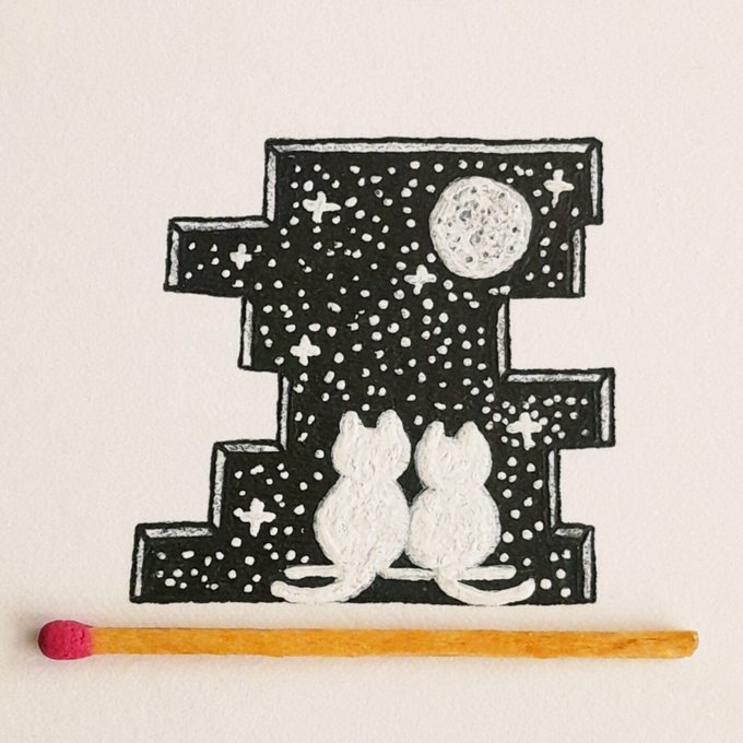 An illustration depicts two white cats viewed from behind, sitting and watching a starry night sky filled with cross-shaped stars above stepped rooftops, with a yellow pencil lying below.