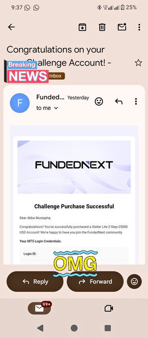 The image features a smartphone screen displaying an email that congratulates the user for winning their $25K challenge from @FundedNext. The email includes details about the challenge, such as how to enter, when to start, and what to do once completed. It also mentions that the challenge is related to #StellarLite trading lessons on a new platform, where users can learn essential skills for trading and potentially achieve success in their investments.