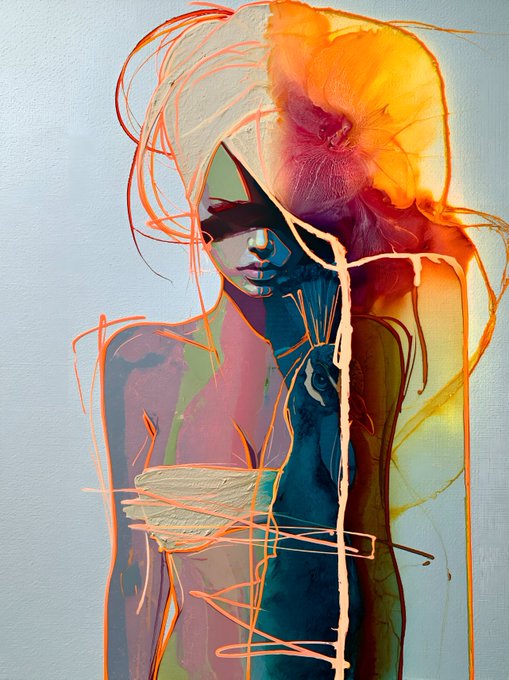 An abstract painted portrait of a figure with flowing orange and yellow hair-like forms, featuring bold color blocking and energetic brushstrokes.